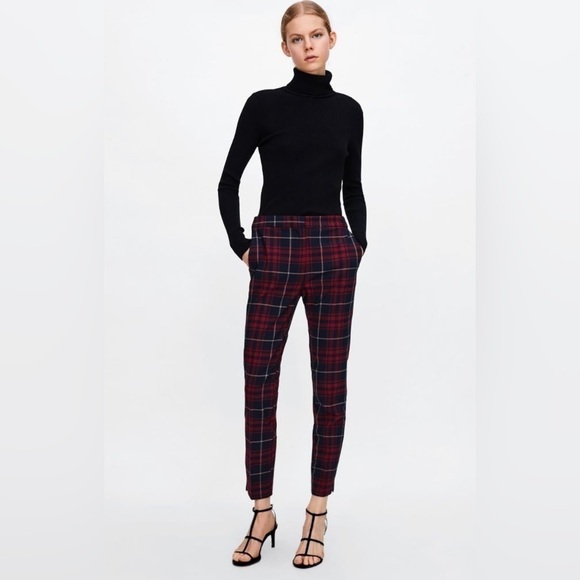 Zara Tartan Plaid Skinny Ankle Pant, red plaid size small - Picture 1 of 6